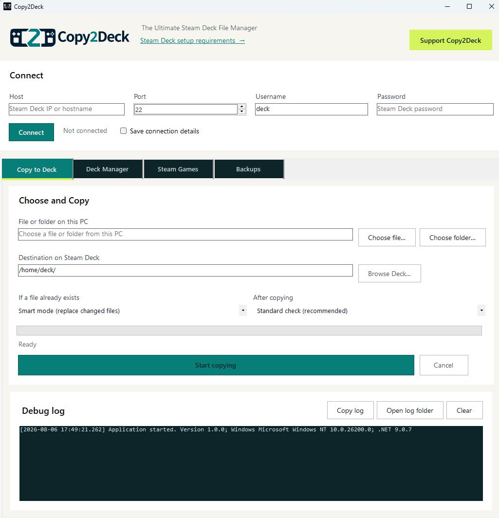 The Copy2Deck Windows application showing its connection and file transfer interface